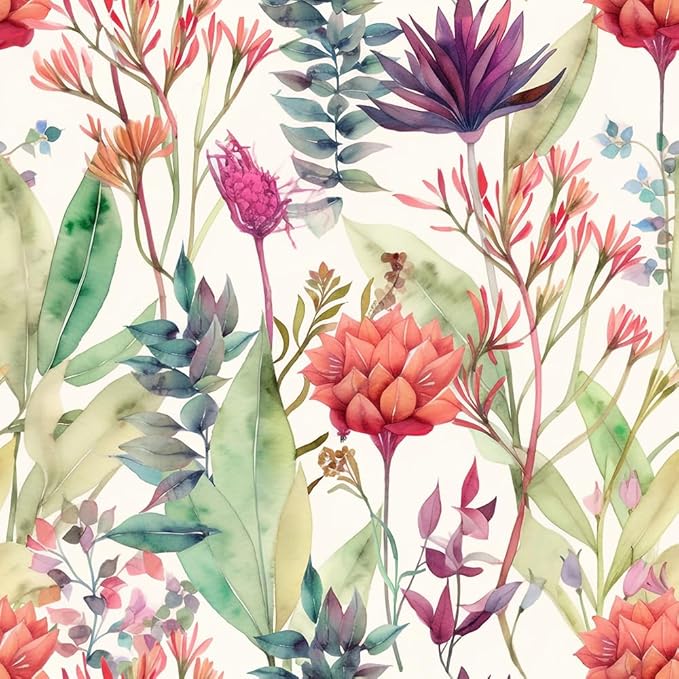 Watercolor Purple/Red/Green Grass Wildflower Floral Peel and Stick Wallpaper Wall Decor Self Adhesive Wall Paper Stick on Easy Peel Off Contact for Renter Apartment by VistaPalette