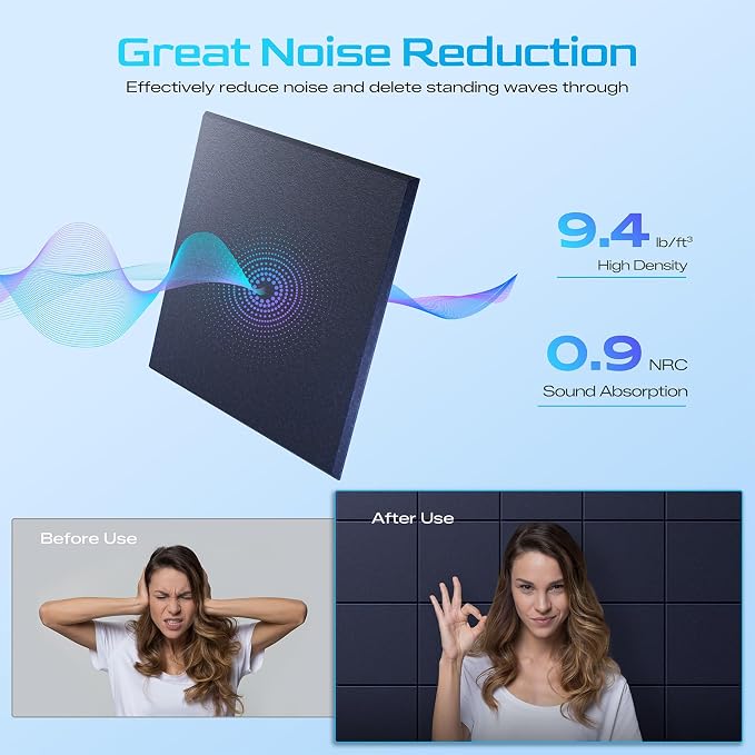 12 Pack Self-Adhesive Acoustic Panels, 12" X 12" X 0.4" High-Density Sound Proof Foam Panels for Walls, Soundproof Wall Panels for Home & Office (Navy Blue) - Image 3