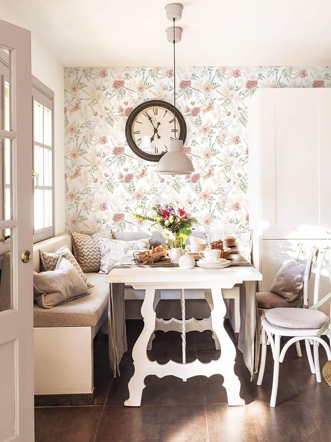 Dimoon Pink Floral Peel and Stick Wallpaper Modern Beige Contact Paper 17.3''x78.7'' Boho Village Country Cottage Wallpaper Renter Friendly Girls Room Wall Paper for Bathroom Nursery Bedroom Vinyl - Image 7