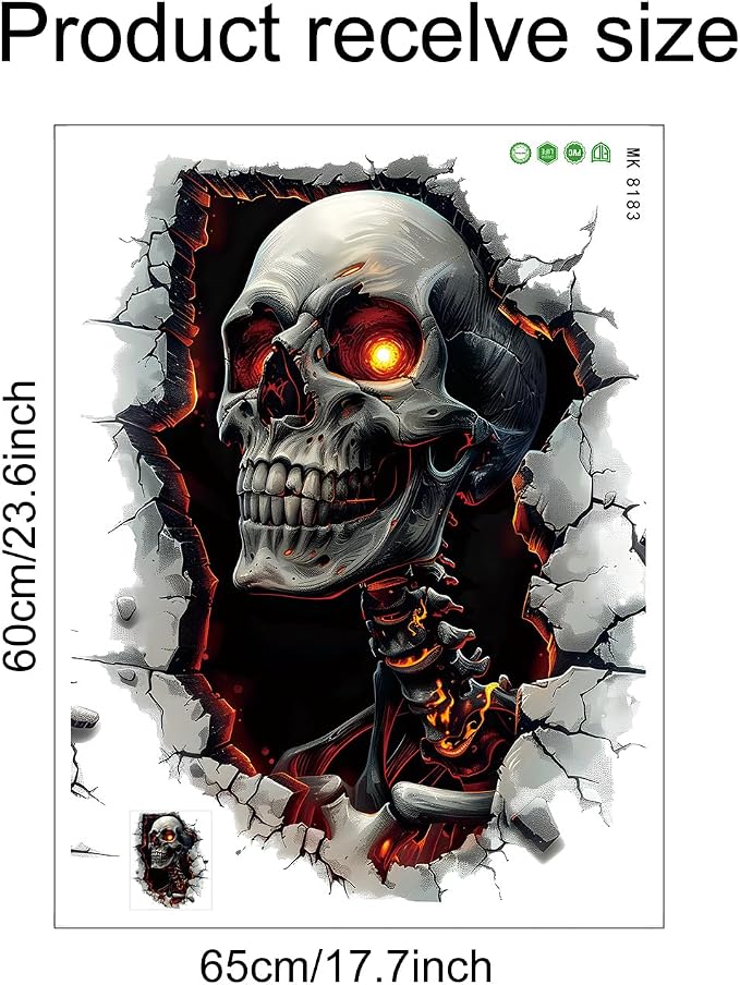 Halloween Skull Wall Decals Scary Skeleton Breaking Through Wall Sticker Flaming Eyes Grim Reaper Removable Vinyl Window Murals Haunted House Horror Theme Party Home Room Decorations - Image 3