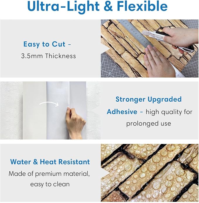 COMSTICKC 3D Peel and Stick Faux Stone Wall Panels for Quick DIY Wall Decor | Brown, 10 Pcs 11.8" x 11.8", Not Real Stone, Lightweight Thin PVC Decorative Tiles Wall Sticker Wallpaper, Cover 9.7 sq ft - Image 5