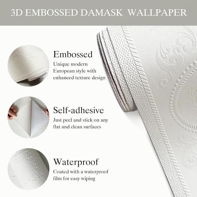 JiffDiff White 3D Embossed Textured Peel Stick Wallpaper 17.3"x400" | Removable Renter Friendly Contact Paper, Waterproof Self Adhesive Wallpaper for Bedroom, Bathroom, Decor,48 sq. - Image 7