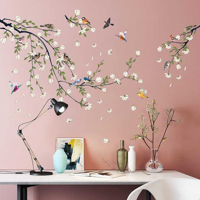 Green Vine Wall Decal White Flowers and Birds on Branch Natural View Wall Sticker DIY Detachable Peel and Stick Wall Art Mural for Living Room Bedroom offcie Home Decor - Image 2