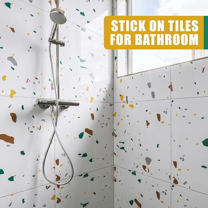 Nuanchu 36 Pcs Peel and Stick Shower Waterproof Tiles Wall Panels 12 x 12 Inch Self Adhesive Backsplash with Ruler Knife & 2 Scrapers for Washroom Bathroom Living Room, Not Real Tile (Color Dots) - Image 6