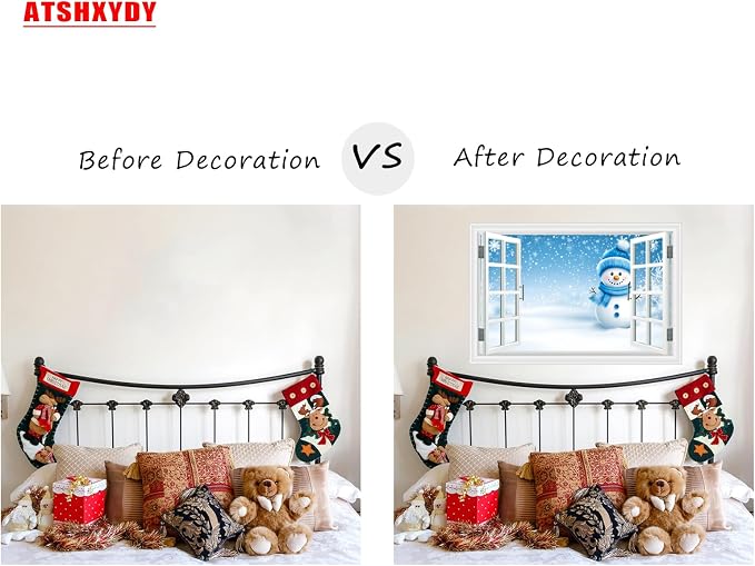 Fake Window Wall Decal- Winter Christmas Blue Snowman Snowflakes Sticker | ｜Faux Window Natural Scenery Landscape Mural ｜ Stick and Peel Wall Decal｜Room Bedroom Office Decor｜48"x32",Set of 2 Sheets - Image 8
