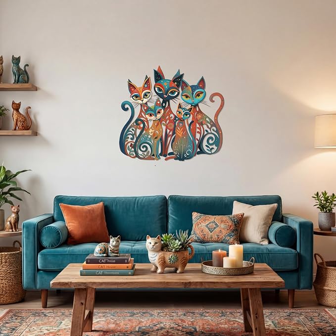 Wesiti Cat Wall Art Metal Sculpture Colorful Mid Century 13.58x12.40 | Retro Iron Sculpture for Cat Lovers, Home Living Room Bedroom Kitchen Office Wall Decor, Timeless Design - Image 5