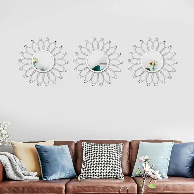 3 Pack Metal Mirrors for Wall Sunburst Wall Mirrors Home Décor Decorative Hanging Wall Art for Living Room Bedroom Entryway (Silver Crystal, Flowers) - Image 5