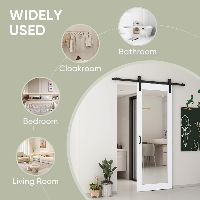 JUBEST 32x84 in Mirror Barn Door and 5.5FT Sliding Door Hardware Kit Included, White Full Length Mirror, Solid Wood Panel Covered with Water-Proof PVC Surface, No Assembly Required - Image 2