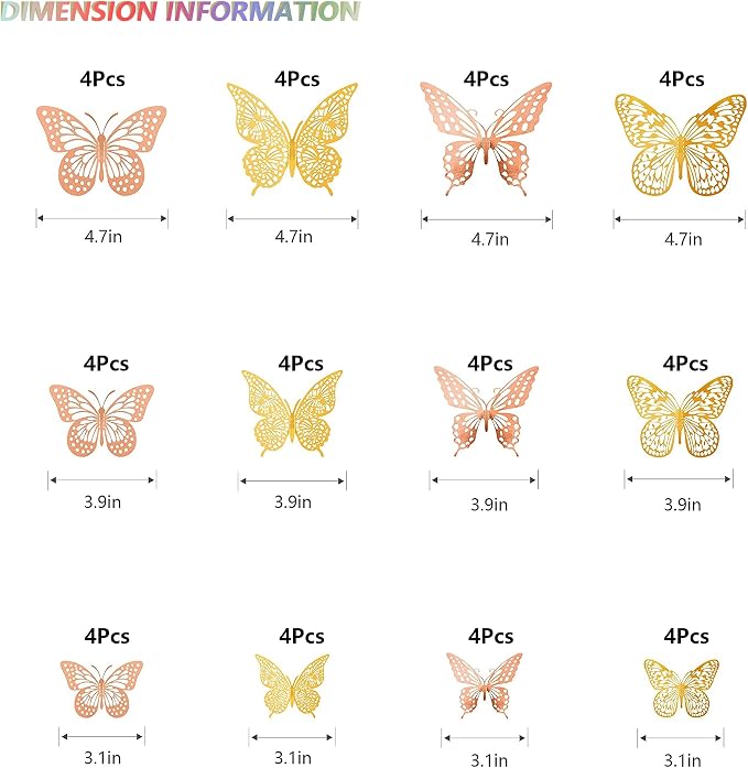 SAOROPEB 3D Butterfly Wall Decor, 48 Pcs 4 Styles 2 Color 3 Sizes, Removable Metallic Wall Sticker Room Mural Decals for Kids Bedroom Nursery Classroom Party Decoration (2 Color) | 4 Styles 2 Color 3 Sizes, Removable Metallic Wall Sticker Room Mural De... - Image 5