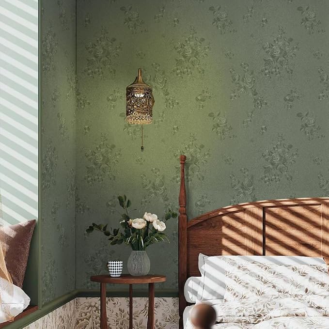 Green Flower Peel and Stick Wallpaper Solid Pure Paper 18in x 197in | Embossed Flower Contact Paper Textured Self Adhesive Paper for Cabinets Bathroom Dark Floral Removable Waterproof Decor Vinyl - Image 3