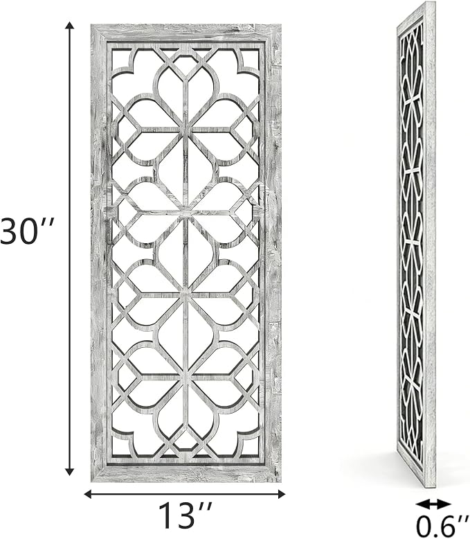 Set of 2 13x30 Inch Large Grey Shatterproof Carved Floral Wood Frame Wall Mirrors, Boho Farmhouse Rustic Accent Mirrors for Living Room Bedroom Bathroom & Home Decor - Image 2