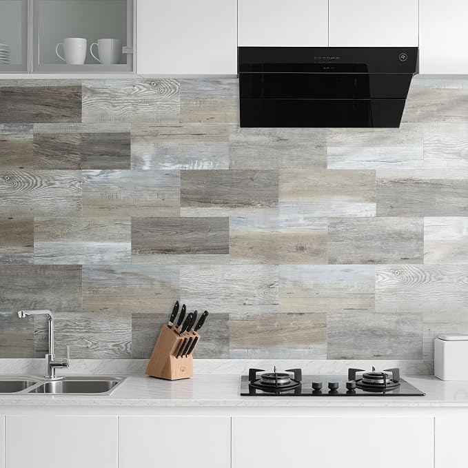 AULIGET 20-Piece Peel and Stick Backsplash Wall Tiles, 6" x 12" Vintage Wood PVC Faux Stone Stick on Tiles for Backsplash Kitchen - Image 2
