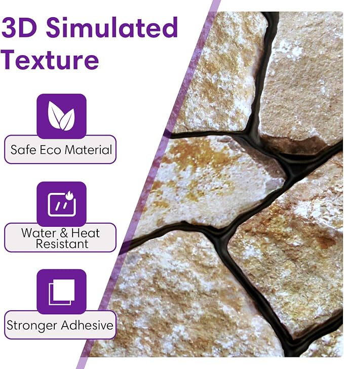 3D Peel and Stick Faux Stone Wall Panels 11.8" x 11.8" 10-Pack | Washed Yellow Brown, Stone-Look Textured Wall Sticker, Thin PVC Self Adhesive Wall Tiles for Interior Decor, Cover 9.7 sq ft - Image 3