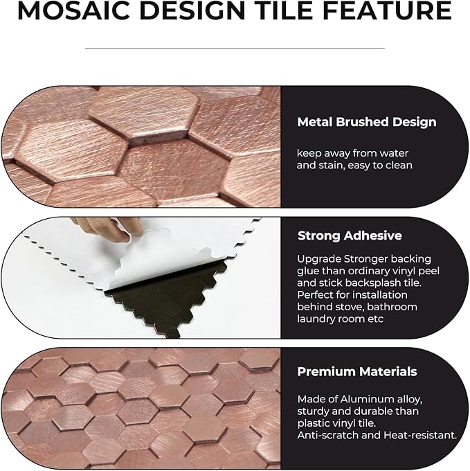 STICKGOO Peel and Stick Backsplash Tiles, Stick on Mosaic Self Adhesive Tiles, 3D Hexagon Backsplash for Kitchen Bathroom Fireplace Vanity (8PCS, Rose Gold) - Image 4