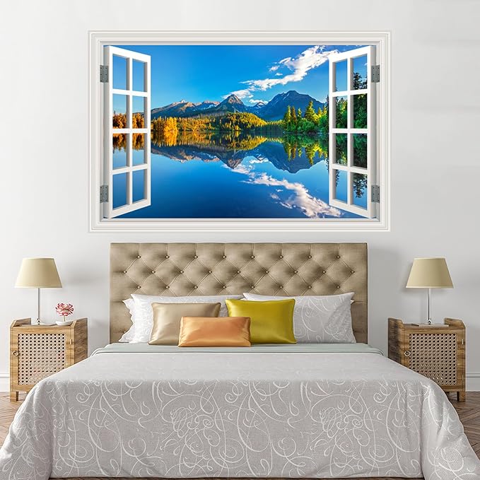 Fake Window Wall Decal- Summer Mountains Lake Forest Open Art Sticker | Faux Window Natural Scenery Landscape Mural ｜ Stick and Peel Wall Decals｜Room Bedroom Office Decor｜48"x32",Set of 2 Sheets - Image 5