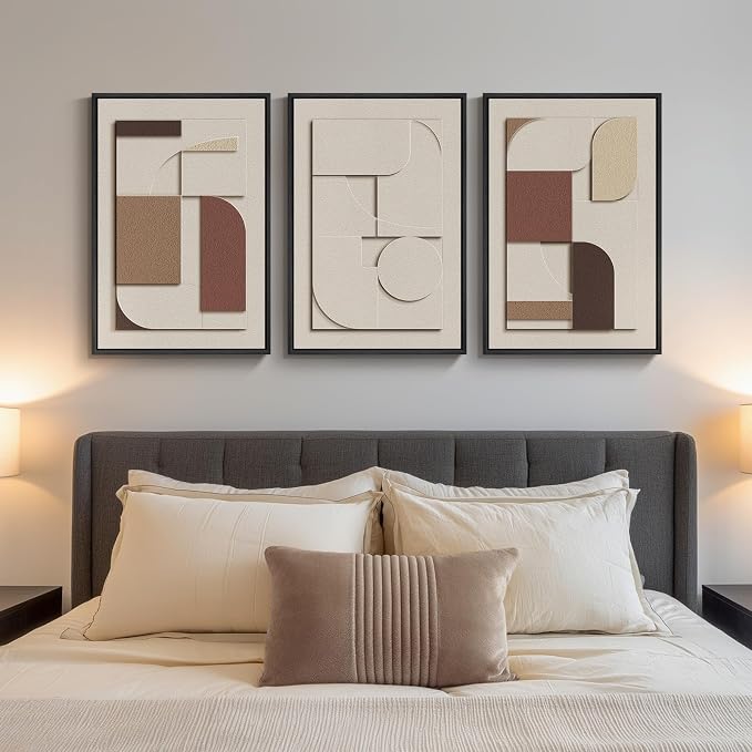3D Textured Neutral Abstract Framed Wall Art Set of 3, 16x24 In | Wood Frames, Brown and Cream, 3 Piece Sandstone Texture Paintings, Modern Geometric Sculptural Wall Decor Living Room Bedroom by Cuspin