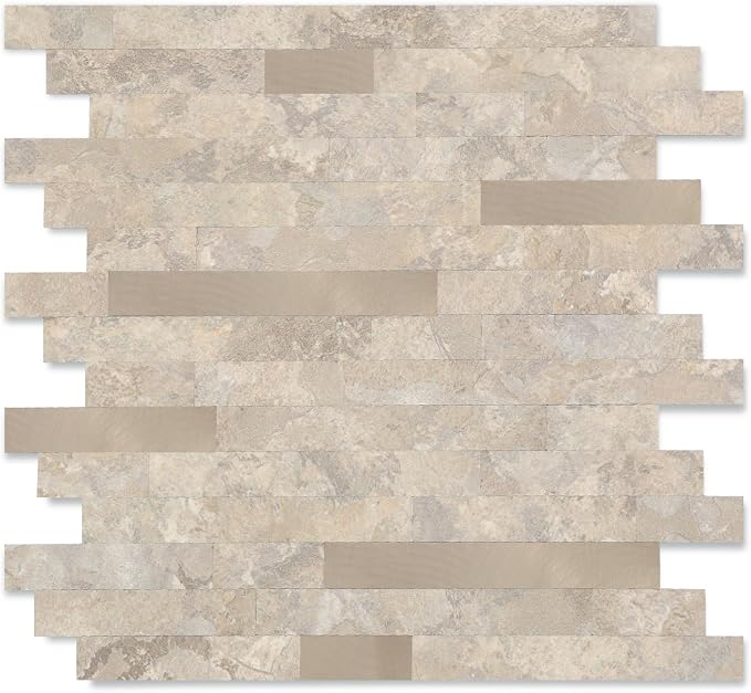 Yipscazo 10 Sheets Peel and Stick Stone Metal Tile Backsplash, Stick on Tiles for Backsplash Kitchen, Bathroom, Laundry Room, Camper, Fireplace (12'' X 12'', Beige Stone with Gold Metal) by Yipscazo