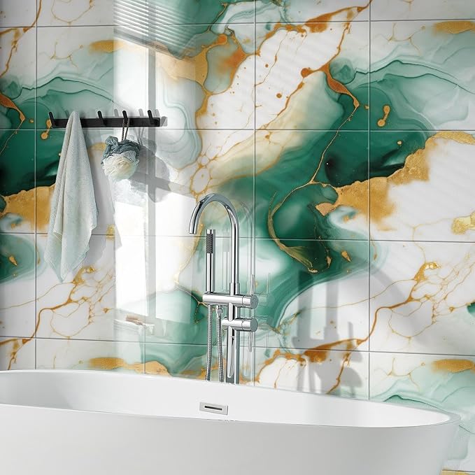 Chejiaye 10pcs Marble Peel and Stick Backsplash Waterproof Washroom Wall Panels, Peel and Stick Tile, PVC Foam Wall Panels for Kitchen,Bathroom,Living Room,Green and Gold(Not Real Tile,11.8" x 11.8") - Image 2
