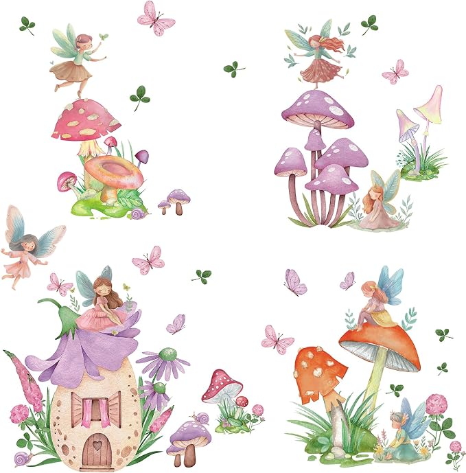 LHIUEM Girls Fairy Wall Decals Butterfly Wall Stickers 39pcs Flowers Wall Decal for Girls Room Removable Vinyl Decals Dacing Girl Mushroom Wallpaper Forest Fairy Girl Wall Sticker for Bedroom Nursery - Image 6