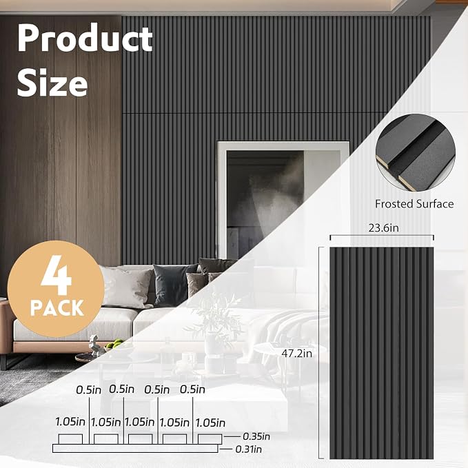 4 Pack Wood Panels for Wall, 47.2"×23.6" Wood Slat Acoustic Panels for Wall, Soundproof Panels, 3D Fluted Panels for Interior Decor (Black) - Image 2