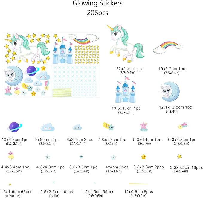 Glow in The Dark Unicorn Stickers, 206 pcs Cats and Moon Wall Decals, Glowing Castle Clouds Ceiling Decor for Kids Bedroom, Stars and Rainbow Wall Decor for Girls and Boys Gift - Image 3