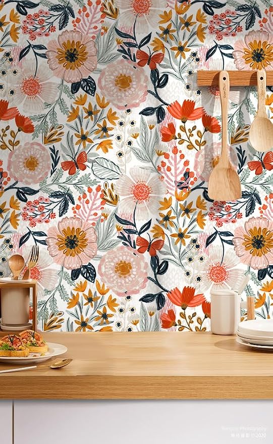 HAOKHOME Floral Peel and Stick Wallpaper Boho Pink Botanical Wall Paper | Modern Textured Colorful Contact Paper Renter Friendly Removable White Orange Flower Bathroom Bedroom Nursery 17.3in x 9.8ft - Image 6