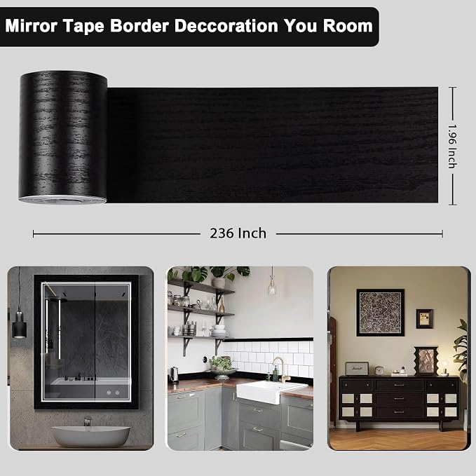 Alened 6M Black Mirror Border Peel and Stick, Wood Grain Wallpaper Border - Image 6