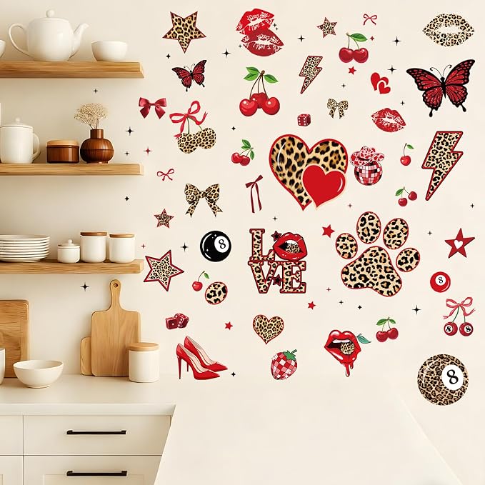Wxiben Red and Leopard Room Decor - 200 Pcs Cheetah Print Wall Decals, Cherry Cheetah Stickers, Coquete Peel and Stick Wall Decals for Home Bedroom Living Room Apartment Dorm - Image 6