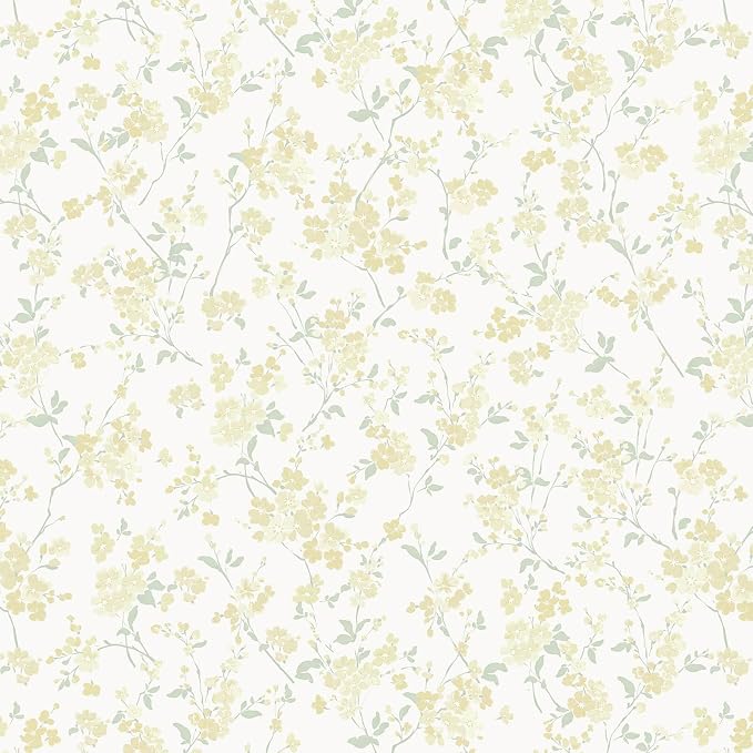 Peel and Stick Wallpaper for Nursery Yellow Cherry Blossom Waterproof | 393"×17.3" Yellow Floral Watercolor Wallpaper Gentle Accent Wall Decor with Grid Lines for Bedroom Vinyl Self-adhesive by Fiula
