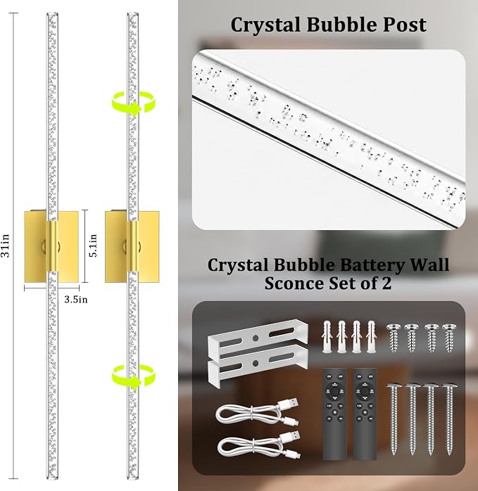 iThird Battery Operated Wall Sconces Set of 2, 10000mAh, Gold Bubble | crystal inspired bubble wall lamp wireless, Remote control & 360° Rotate, for Bedroom Living Room Mirror Decor - Image 3