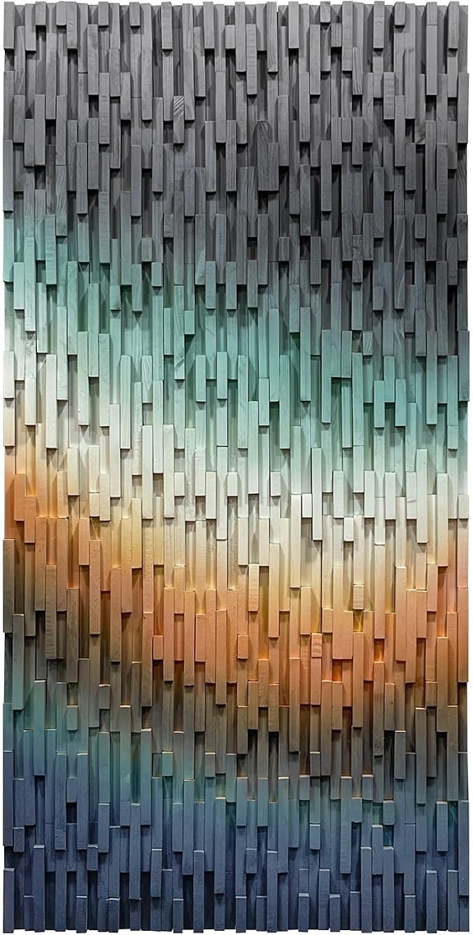 LIUZEYUE Large-Scale Wood Wall Art Featuring Architectural Wood Strips | abstract wall art; cool gray and amber, organic wood grain; executive suite feature-wall statement; 35.4 x 70.9 in - Image 2