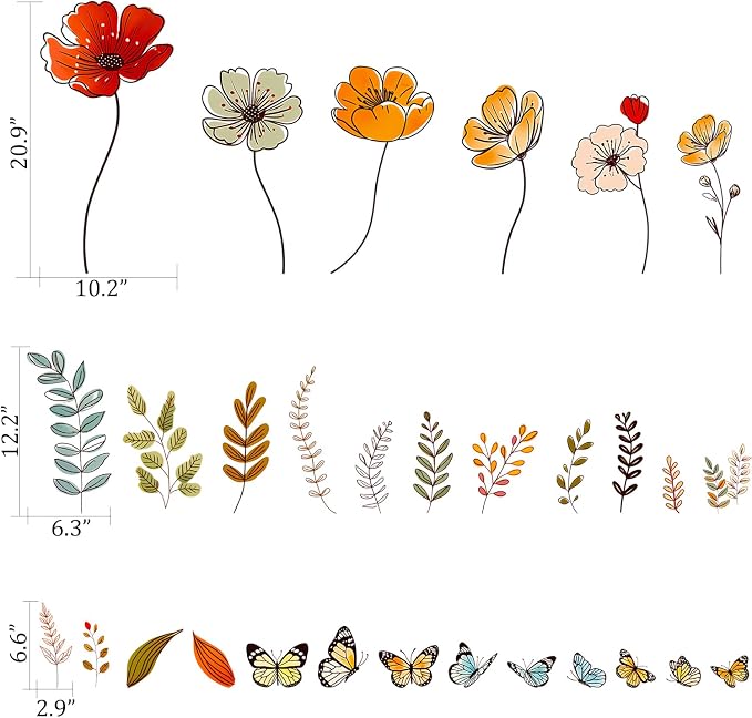 Boho Floral Flowers Wall Decals, Wildflower Butterfly Plants Wall Stickers | Rustic bohemia flowers leaves peel and stick wall decor, removable vinyl wall art mural decoration for bedroom living room - Image 2