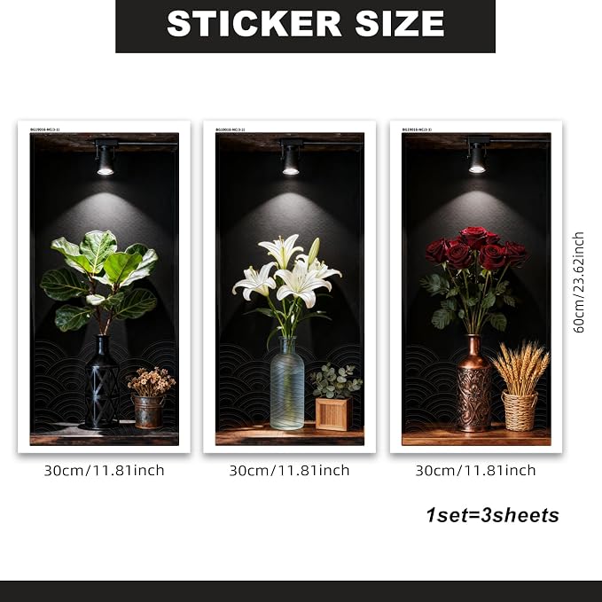 Dark Botanical Style Triptych Wall Stickers, 3 Sheets Floral Wall Decals with Lily Rose and Fiddle Leaf Fig on Shadowed Background, Peel and Stick Wall Murals Decor for Bedroom Living Room - Image 2