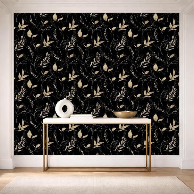 Dark Black and Gold Leaf Peel and Stick Wallpaper 17.7" x 59" | Self-adhesive removable waterproof leaf design for bedroom accent walls and renter friendly spaces - Image 9
