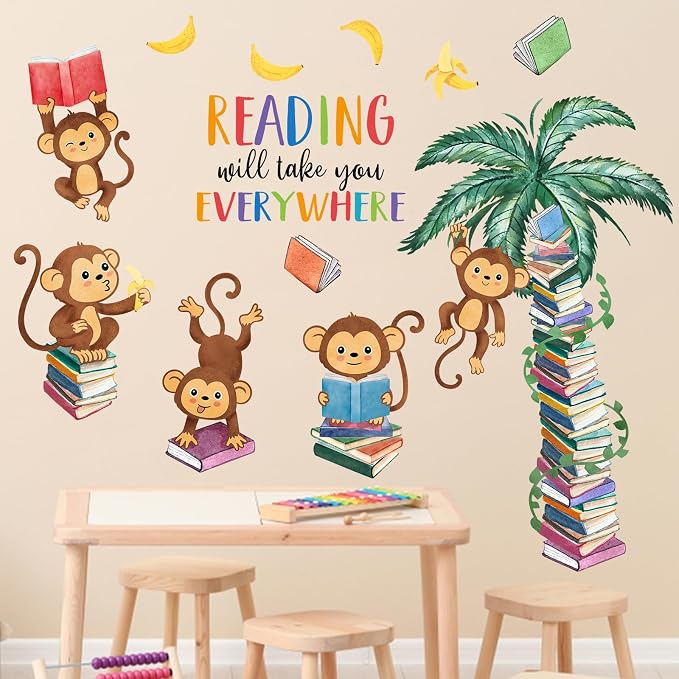 Mfault Monkey Reading Book Wall Decals Stickers, Reading Will Take You | Everywhere Nursery Classroom Decorations Bedroom Art, Jungle Animal Inspirational Neutral Toddlers Kids Room Reading Corner - Image 3