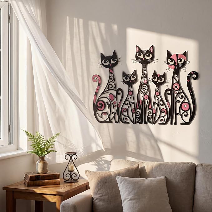 Wesiti Cat Wall Art Decor Metal, 10.6"x15.7" Mid Century Cat Pink Black | Iron Sculpture for Pet Lover, Retro Romantic Pink Swirl Design, Living Room Bedroom Kitchen Office Home Wall Decor Gift - Image 3