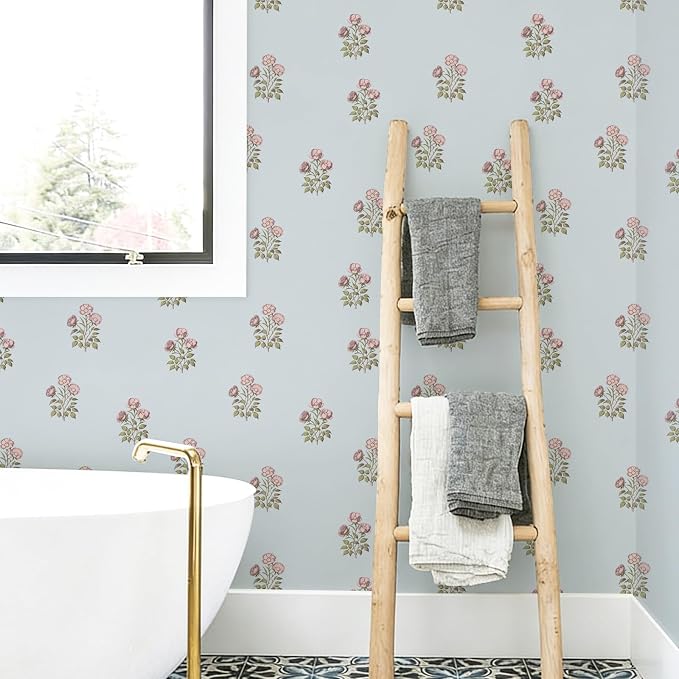 17.3"× 590.5" Vintage Blue Floral Wallpaper Peel and Stick Boho Wallpaper Removable Waterproof Rose Pattern Contact Paper for Bedroom, Bathroom, Home Wall - Image 8
