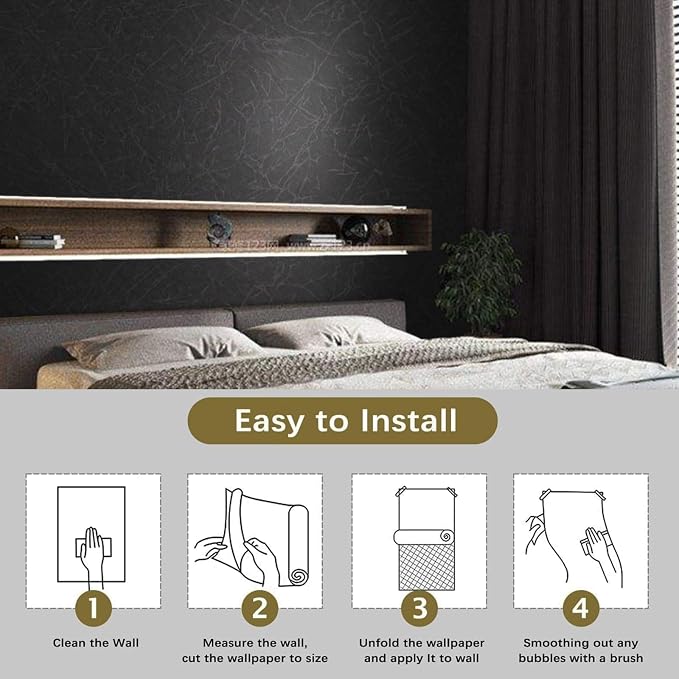 Black Silk Wallpaper Embossed Self Adhesive Peel and Stick Contact Paper | 23.6" X 196.8" Removable Waterproof Kitchen Vinyl Wrap Drawer Liner Cabinet Furniture Texture Renter Friendly Wall Gift Paper - Image 4