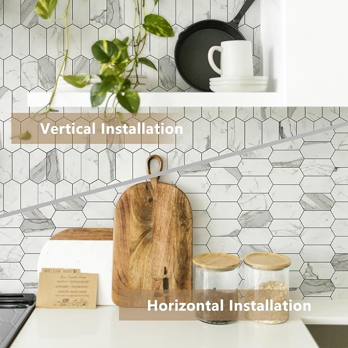 Vamos Tile Long Hexagon Peel and Stick Backsplash Tile - 10 Sheets Stick on Backsplash for Kitchen and Bathroom 12.4 x 12 Inch Glossy Carrara White PVC Self Adhesive Mosaic Wall Tiles - Image 6