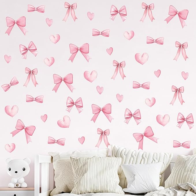 Arawat 48pcs Bowtie Wall Sticker and Decals for Bedroom and Bathroom Pink Bow Room and Wall Decor Heart Decoration Vinyl Peel and Stick Room Decor for Bedroom Bow Stickers - Image 7