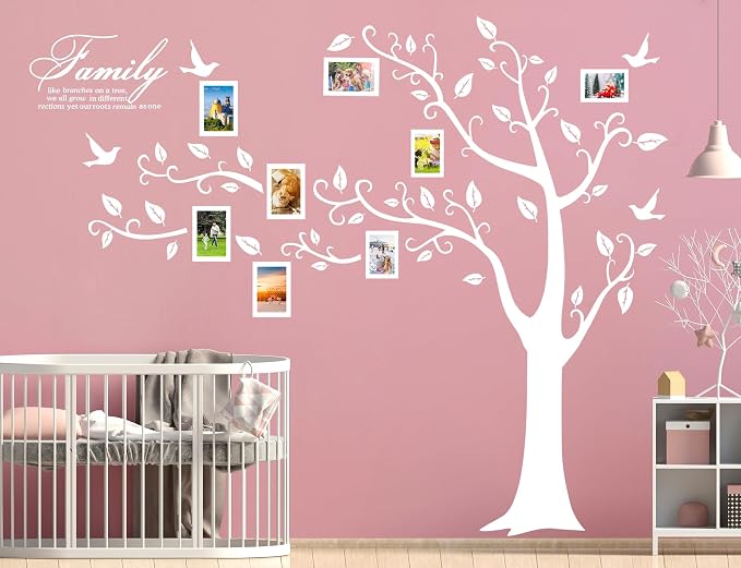 Large Family Photo Tree Wall Sticker 3D Peel and Stick Vinyl Photo Frame Tree Wall Decals Removable Quotes Leaf and Birds Wall Decor for Home Kids Bedroom Living Room Classroom Nursery L White - Image 4