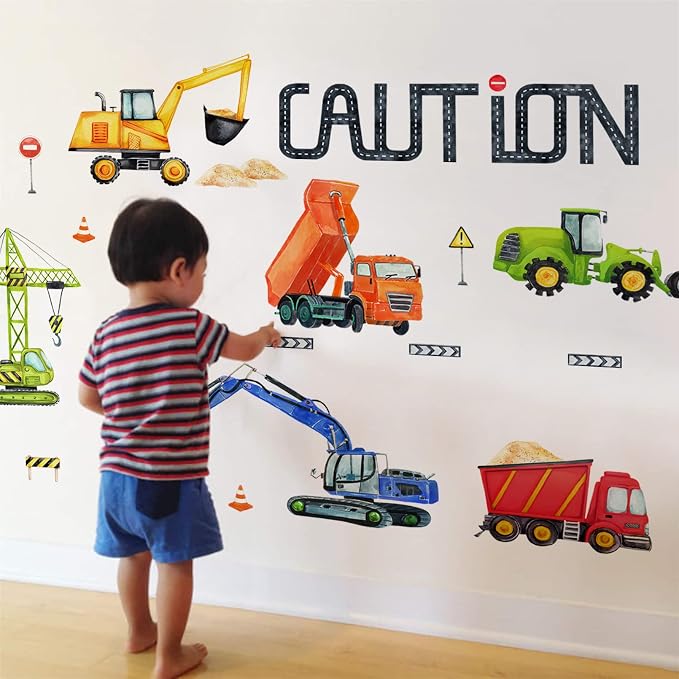 Mfault Baby Boys Construction Caution Vehicle Wall Decals Stickers | Large Trucks Tractor Excavator City Nursery Playroom Decorations Kids Room Art, Classroom Bedroom Home Decor Birthday Gift - Image 4