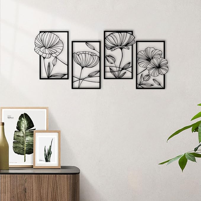 ESTART 4Pcs Metal Lotus Wall Decor Abstract Floral Line Art Sculpture | Minimalist Wall Decor for Bedroom Flowers Hanging Wall Sculpture for Living Room Kitchen Office and Yoga Room (Black) - Image 5