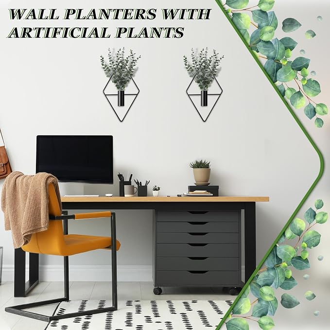 Jexine 4 Pcs Hanging Artificial Planters Wall Decor, Black, Eucalyptus | Bathroom Wall Decor, Geometric Metal Vase, Indoor Plants, Living Room, Home Office, Entryway, Boho Accent, Wall Mounted - Image 6