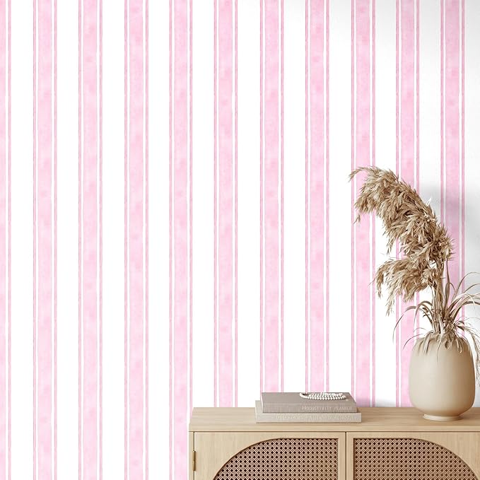 Affrolling Striped Peel and Stick Wallpaper 15.75"x118.11",Pink | Watercolor Self Adhesive Contact Paper, Removable for Bedroom Cabinet Furniture, Cute Decor for Nursery Craft Room DIY by Affrolling