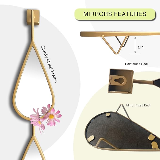 BAODANFU Wall Mirror Decorative Mirrors Mounted Decor Tear Drop Shape Gold for Bedroom Living Room Entryway Bathroom Vanity Brassy Gold Metal Frame, 5-Pack Mirrors Set - Image 3