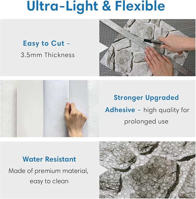 COMSTICKC 3D Peel and Stick Faux Stone Wall Panels for Quick DIY Wall Decor | Gray, 10 Pcs 11.8" x 11.8", Not Real Stone, Lightweight Thin PVC Decorative Tiles Wall Sticker Wallpaper, Cover 9.7 sq ft - Image 4