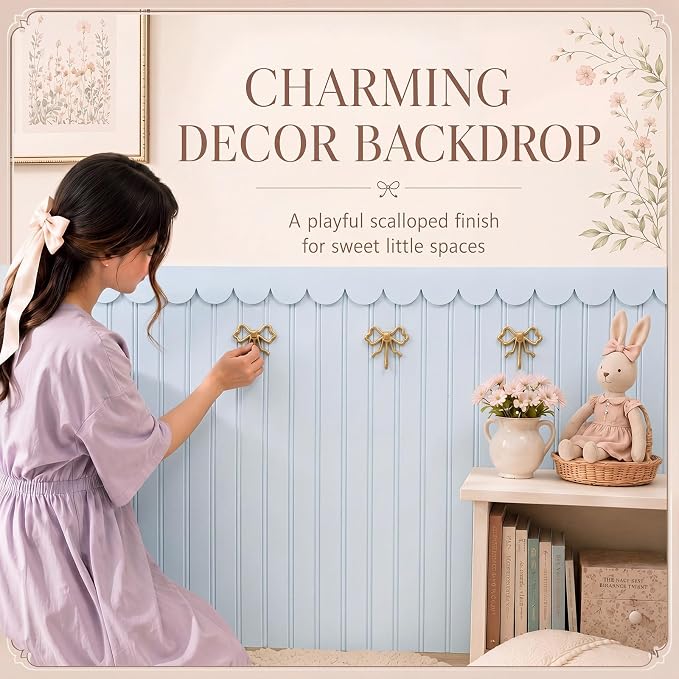 Nuanchu 1 Sets 37.8" x 118" Scalloped Wainscoting Wall Panel Kit Decor | 12 Board and Batten Paintable Accent Wall Panel, Pre Cut Beadboard with 4 Top Rail 4 Decorative Scallop Trim, Nursery Bedroom - Image 6