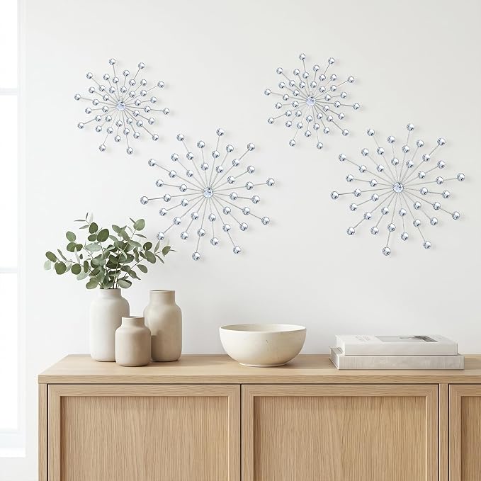ZEXUIRU 4 Set Silver Starburst Wall Art for Home Decor Metal Bling Crystal Rhinestones Sunburst Wall Decor Sparkling Rhinestone Art Accent Silver - 13 in - Image 6