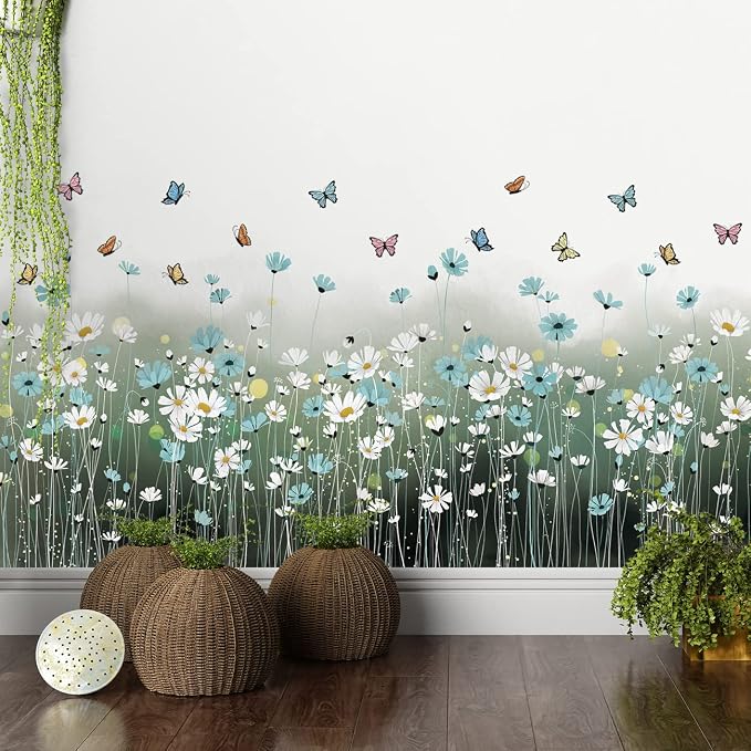 2 Sheets Blue Daisy Wall Sticker White Flowers Wall Decals DIY Peel and Stick Butterflys Firefly Wall Stickers for Kids Girls Bedroom Living Room Bathroom Nursery Window Door Office Skirting Lines by LiveGallery